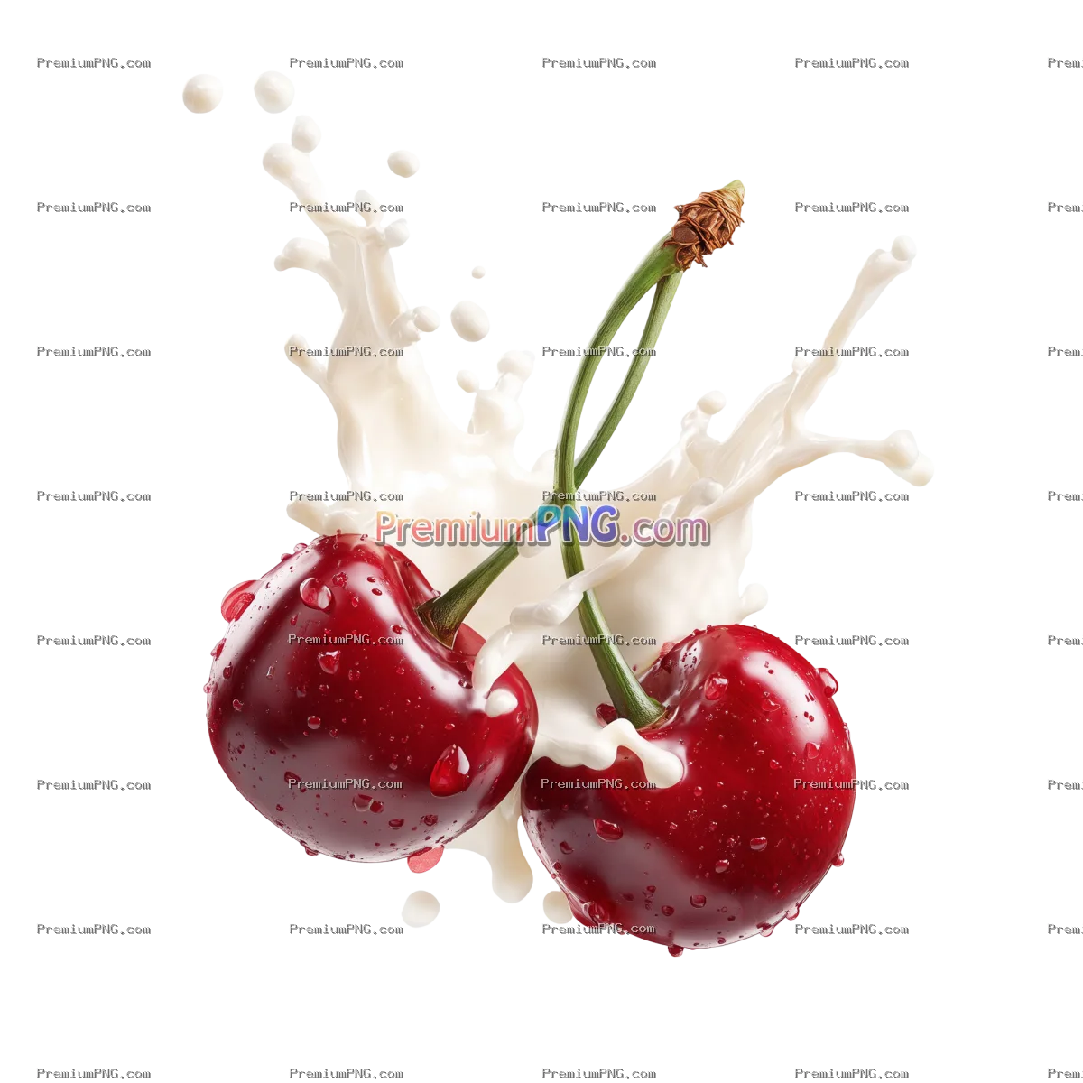 3D cherries with cream splash isolated on transparent background