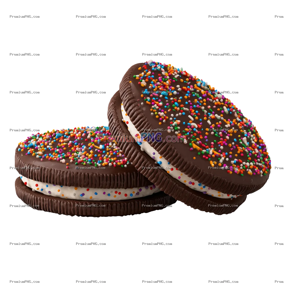 3D chocolate sandwich cookies with sprinkles isolated on transparent PNG background