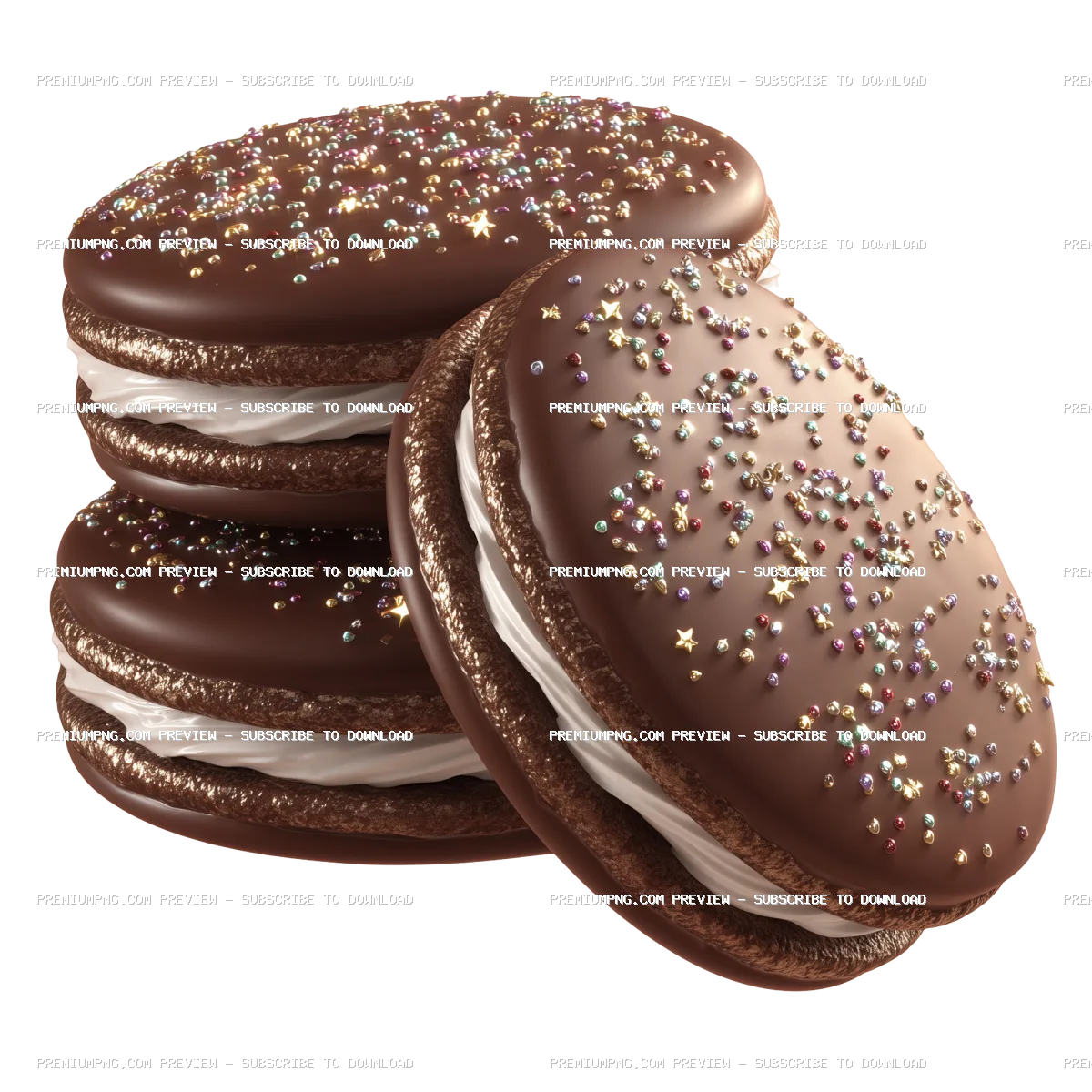 3D chocolate sandwich cookies with sprinkles isolated
