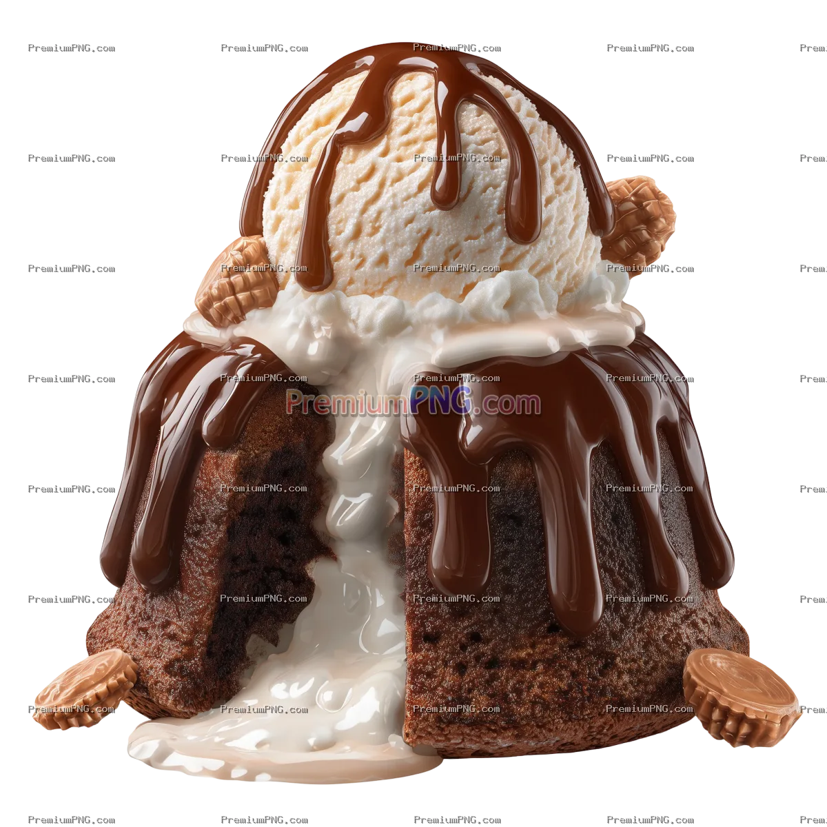 3D molten lava cakes with ice cream isolated on transparent PNG background