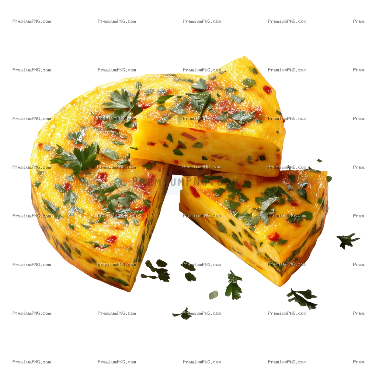 3D slices of frittata with herbs isolated on transparent PNG background