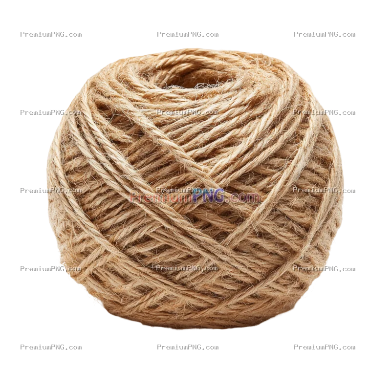 a ball of rough natural twine featuring a trailing strand against a crisp white background. This ver
