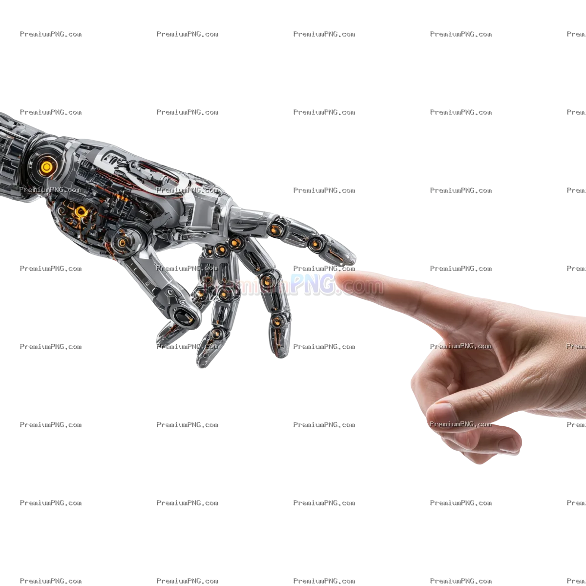 A futuristic robotic hand reaching out to touch a human finger