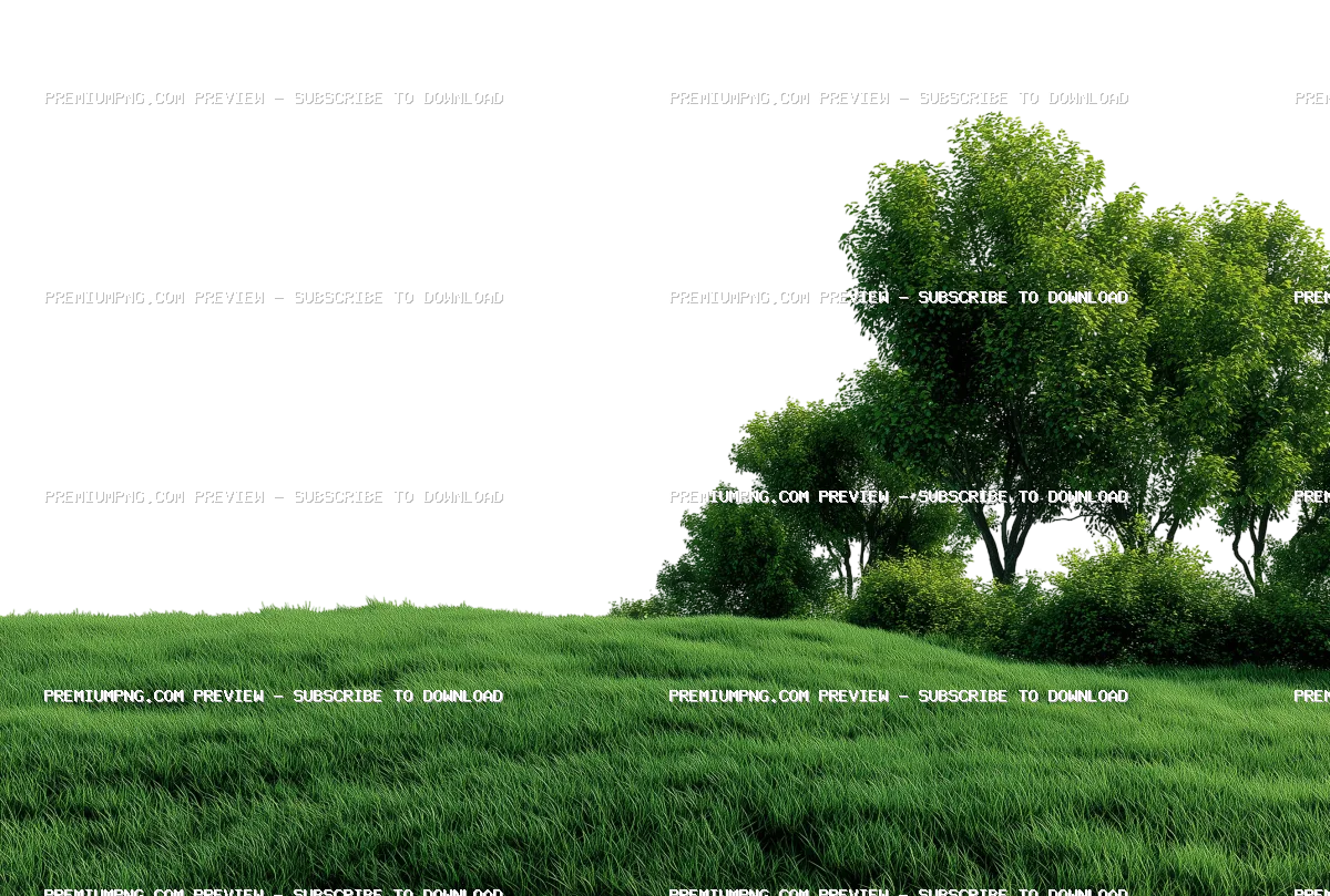 A green, grassy field with trees on the side, with a transparent background