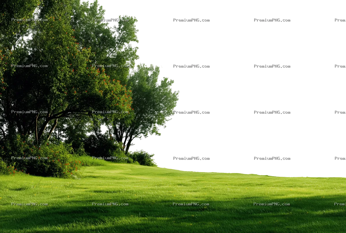 A green, grassy field with trees