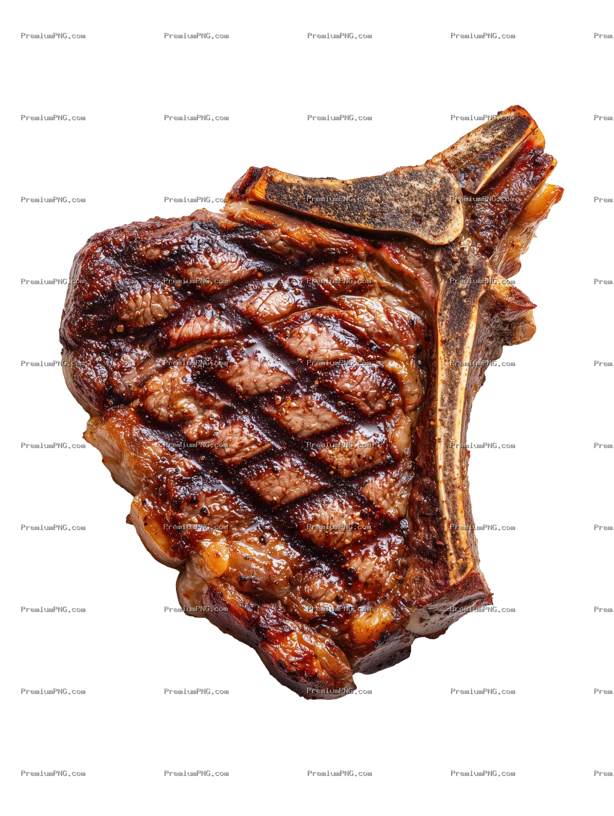 A grilled Spanish chuletón steak (bone-in ribeye), lying flat horizontally as if resting on an invis