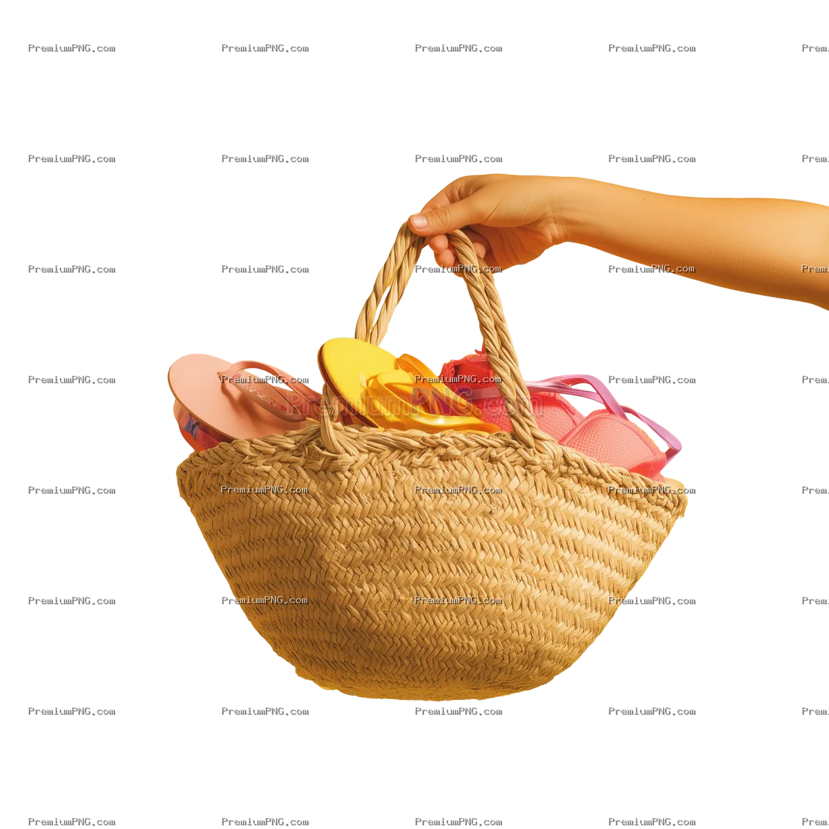 A hand holding a beach basket with bikinis and slippers inside