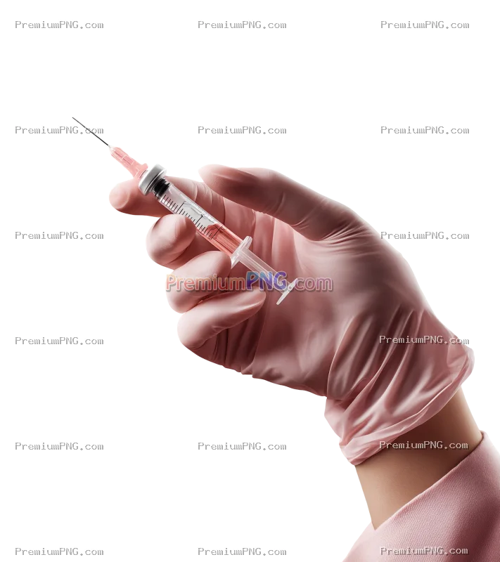 a hand in pink nitrile gloves holding a syringe against a clean, isolated white background. This pro