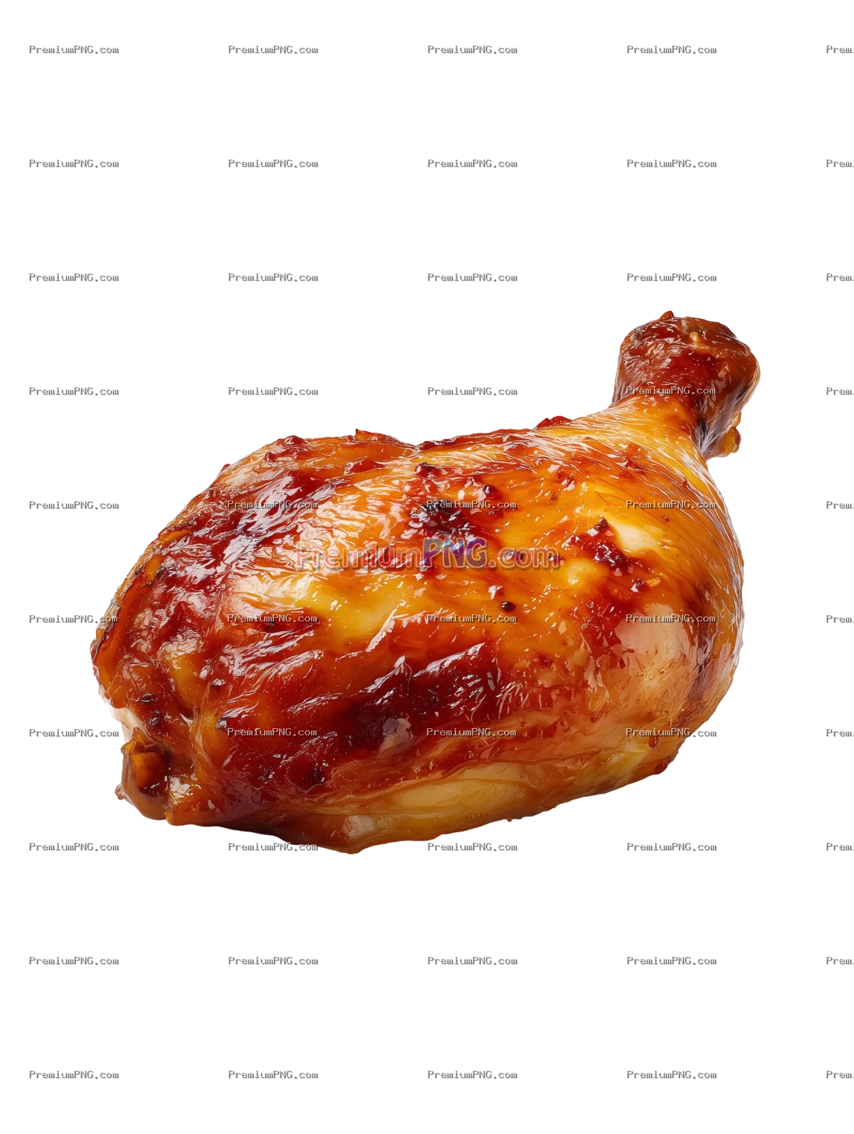 A hyper-realistic front view of a single cooked chicken leg