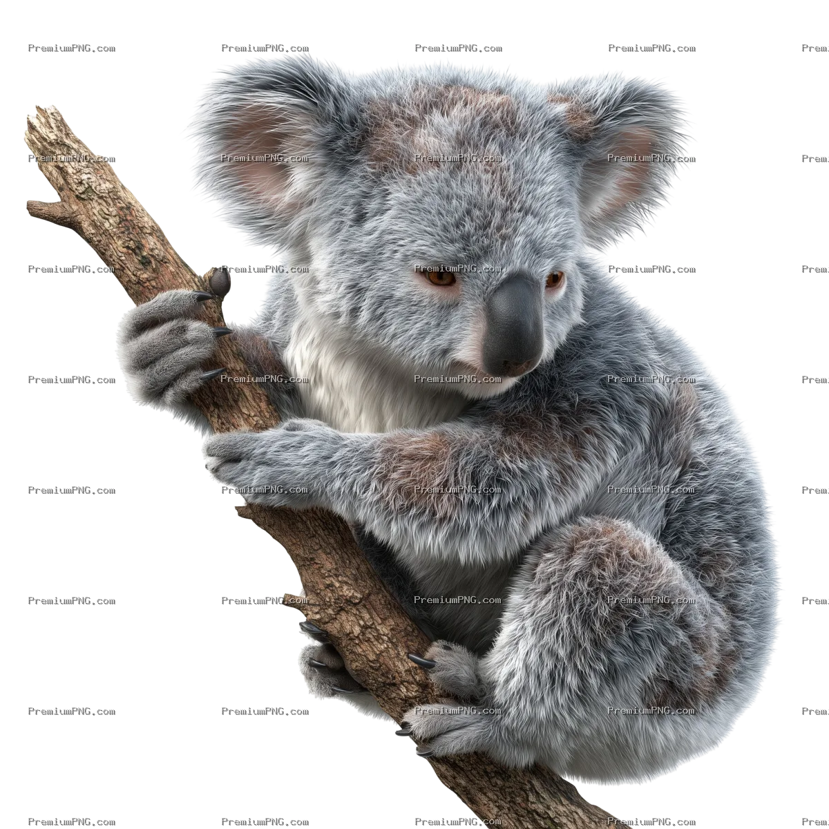 a koala, full body visible, climbing on a tree branch with its sharp claws, fluffy gray fur with det