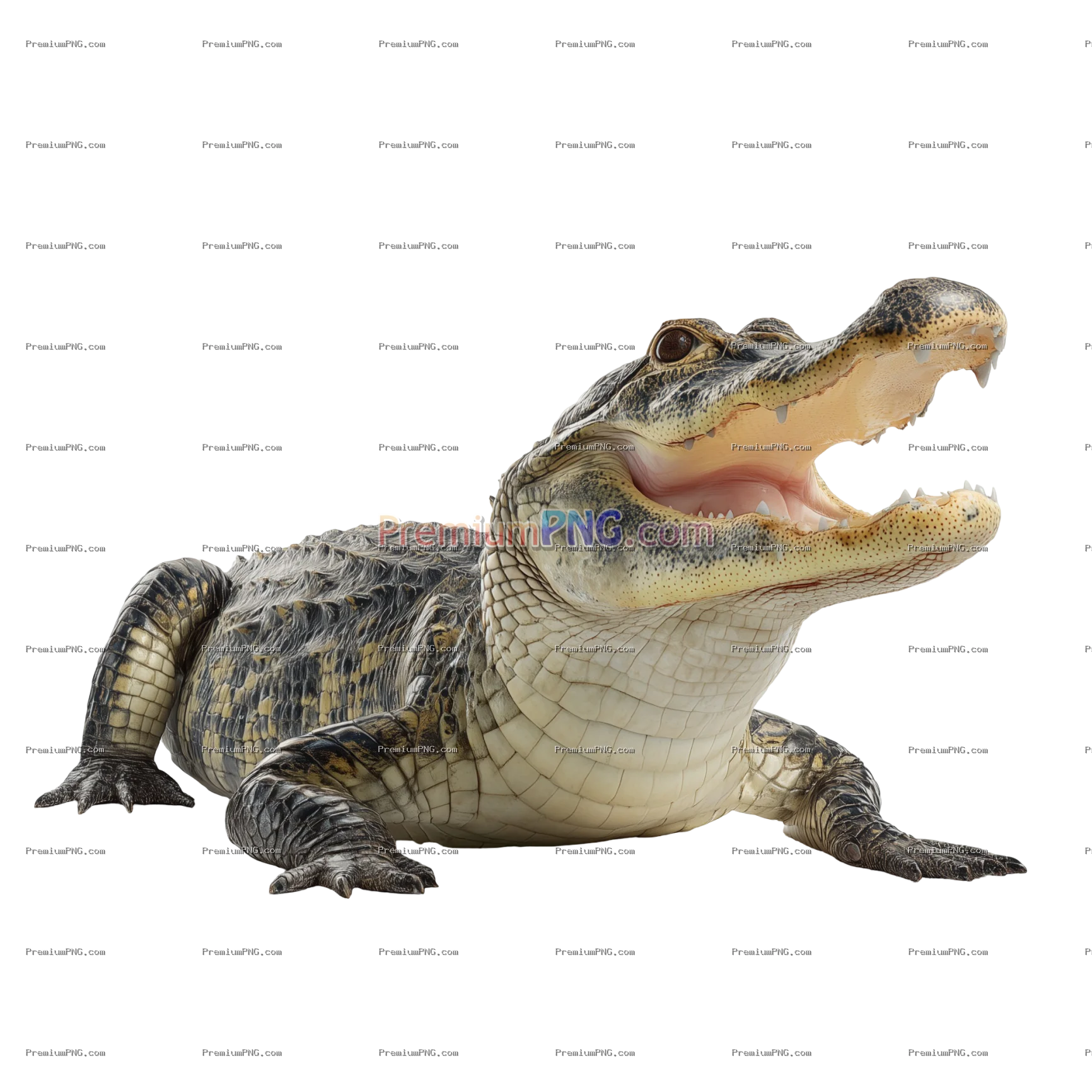 A large alligator with its mouth open resting on a isolated