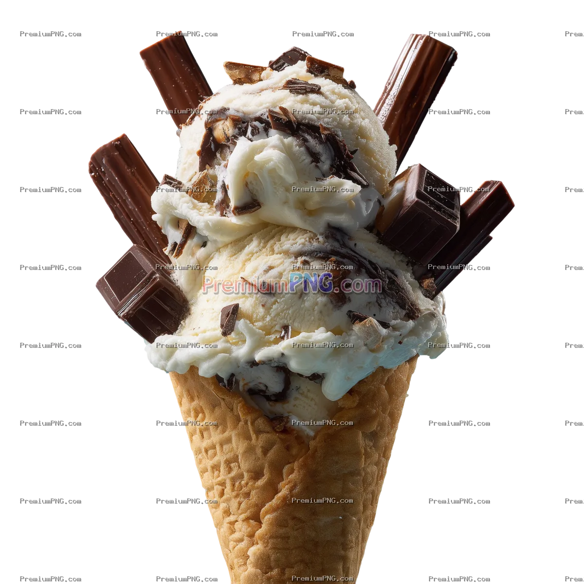 A large double cone ice cream with multiple chocolate sticks inserted into the ice cream