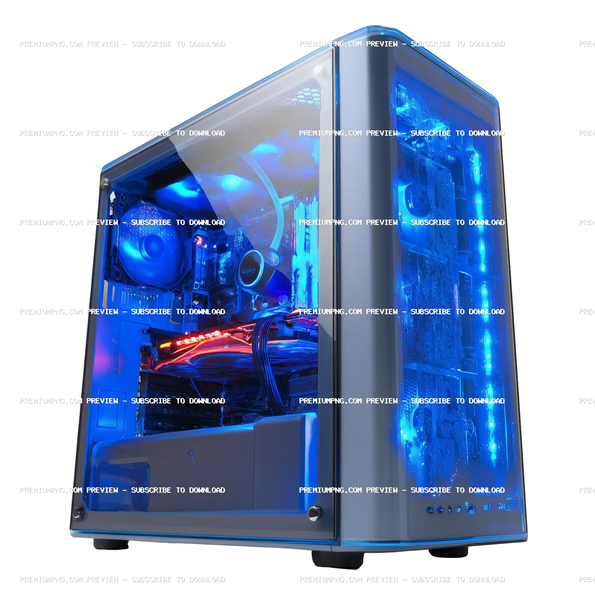 a modern gaming computer tower with a transparent side panel. illuminated by blue led lighting