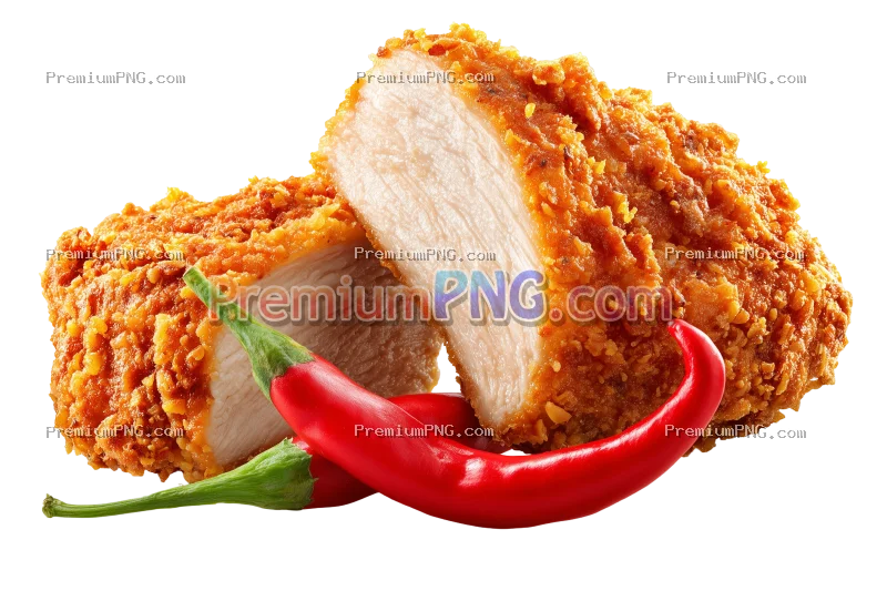chicken breaded crunchy breast piece with cross section, and a spicy red chili