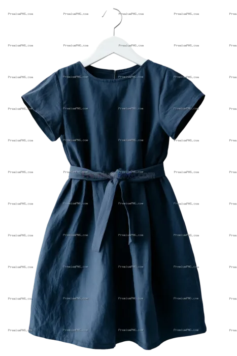 A navy blue children's dress with short sleeves and an A-line silhouette, tied at the waist for deta