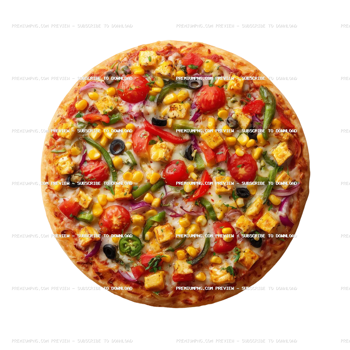 A perfectly round, whole pizza shot from the top view on a pure transparent background