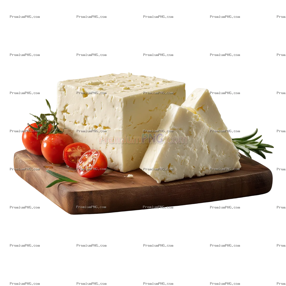 A photorealistic advertisement for Feta cheese, featuring two pieces of fior di latte cut into slice