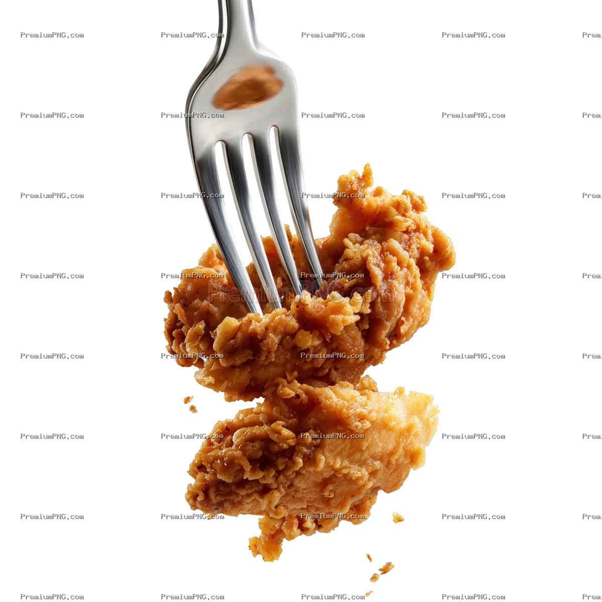 a photorealistic high contrast hard flash image of a two-pronged fork skewering through three pieces