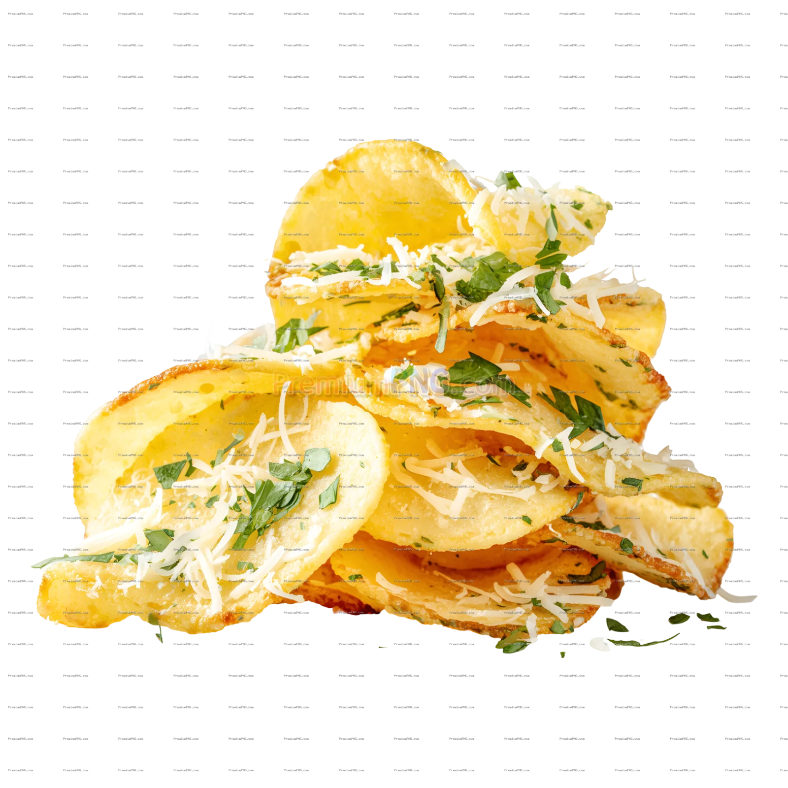 A pile of chips with cheese and herbs isolated on white background