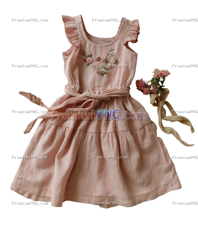 A pink linen dress with an embroidered floral design on the chest. Traditional textile embroidery de