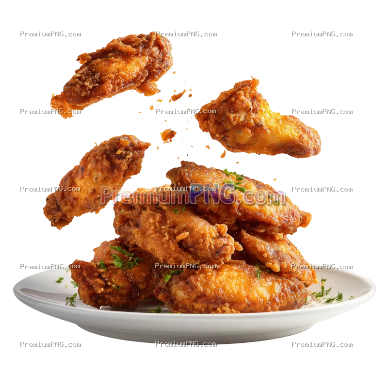 a plate of crispy chicken wings. with several wings seemingly suspended in the air above the plate. 