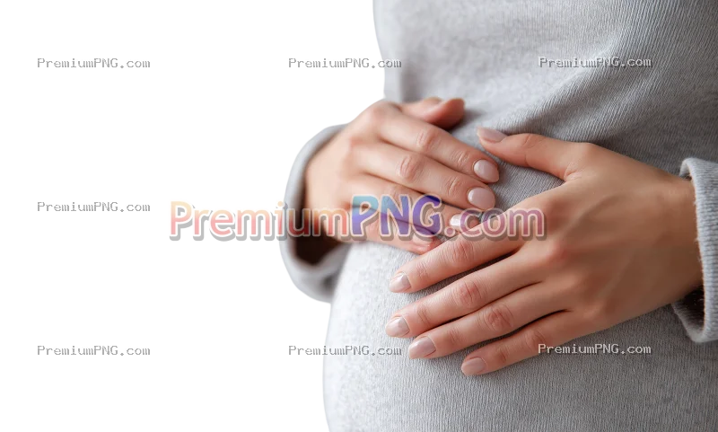 A pregnant woman looks happy in a knitted dress with two hands rubbing her belly, on soft transparen