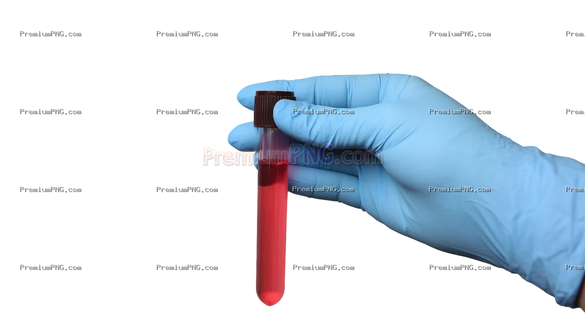 A real photo of a hand with a light blue glove holding a tube of EDTA containing red liquid