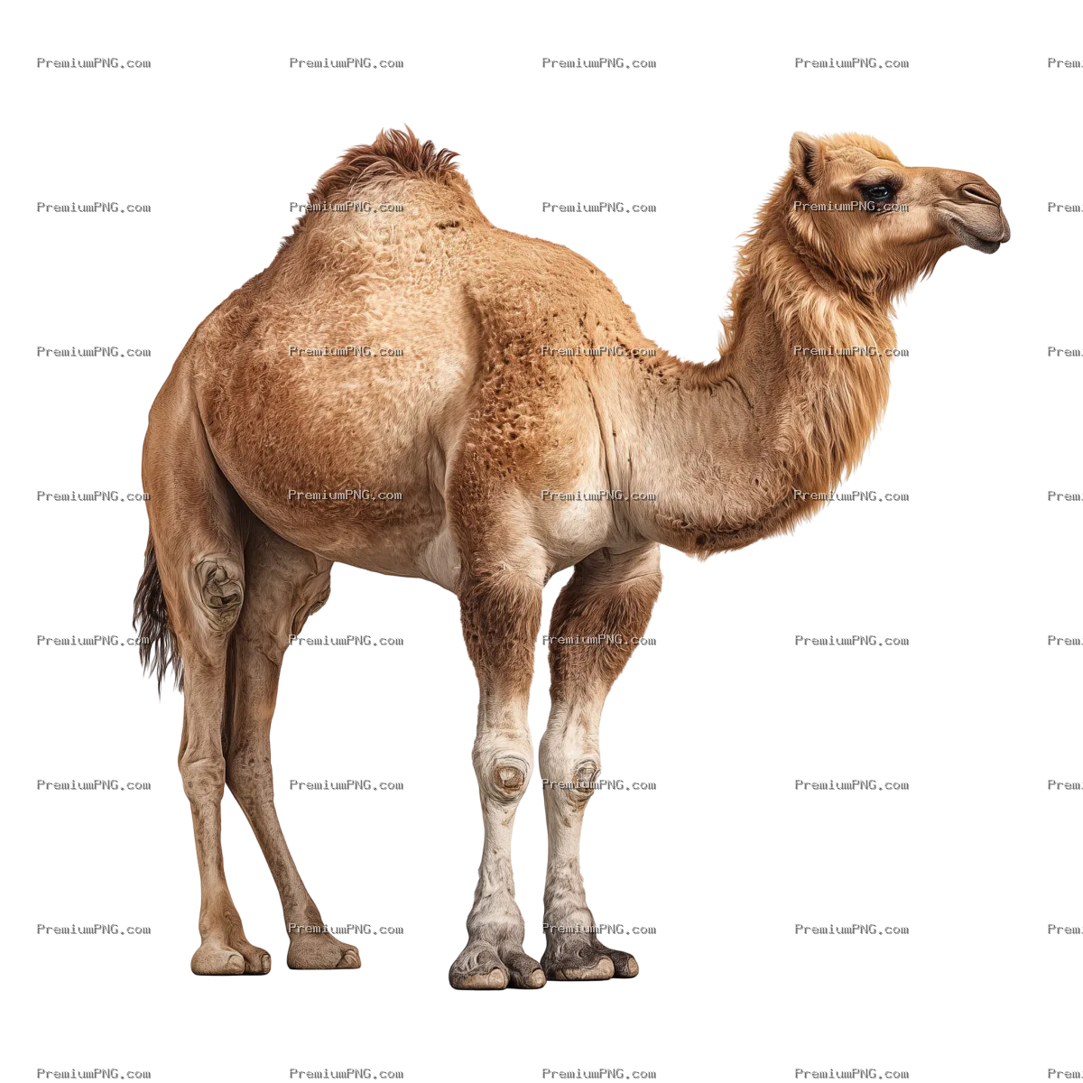 A side view of a single humped camel isolated on a transparent background