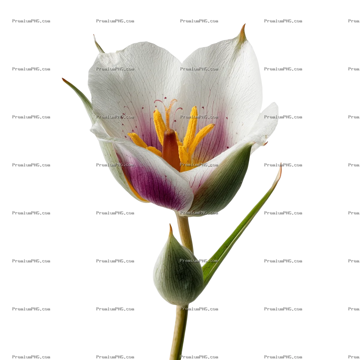 A simple Mariposa Lily flower reveals its shape and color on a white background