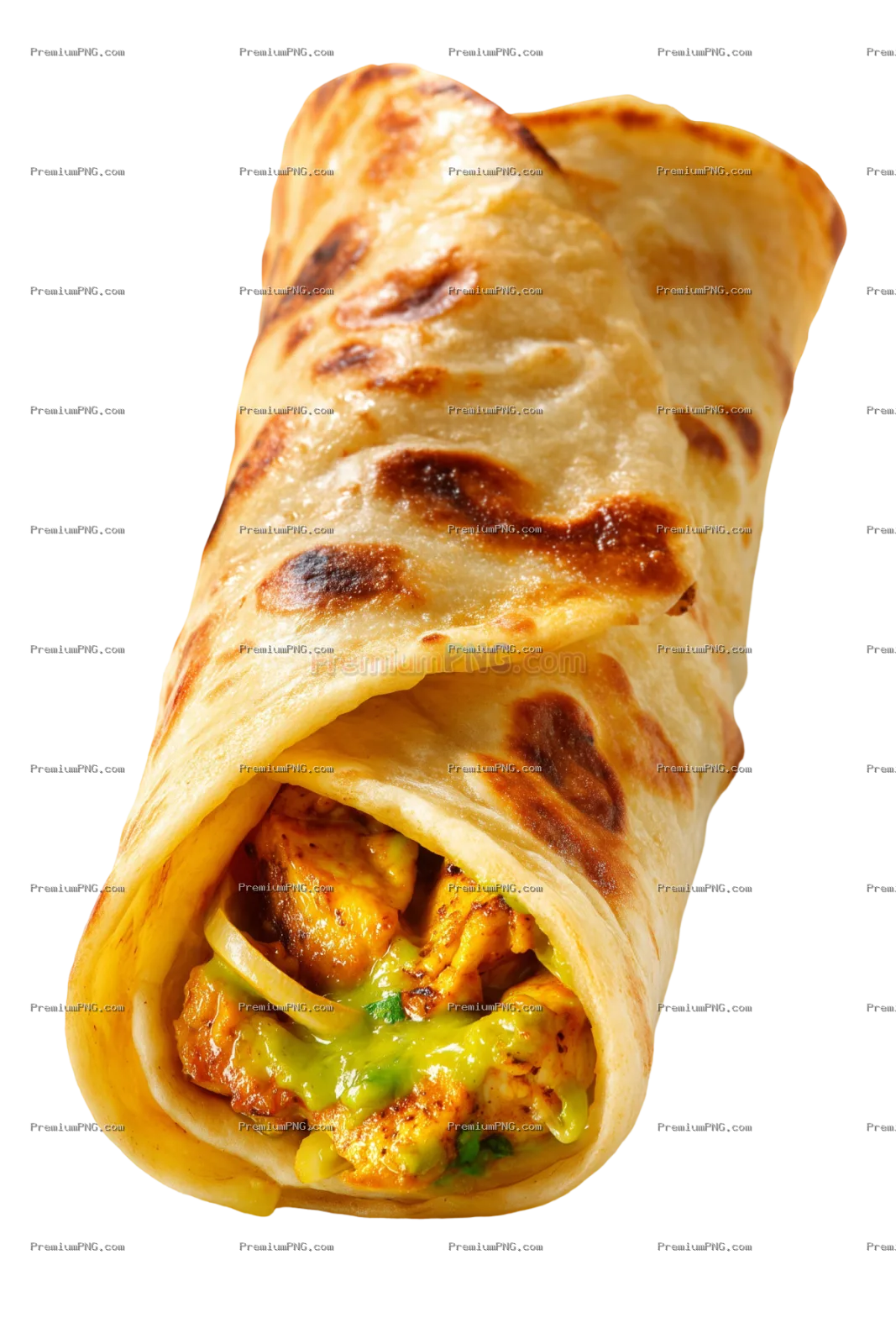 a single Indian kati roll placed on a clean white background. The roll is made with golden, flaky pa