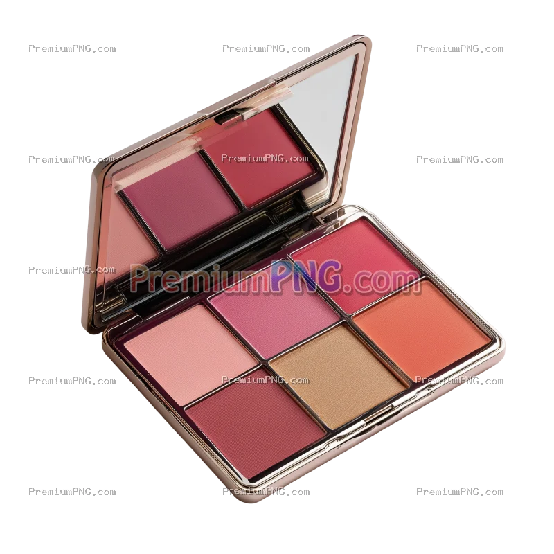A vibrant makeup palette featuring various shades of blush and lip colors in a sleek, modern