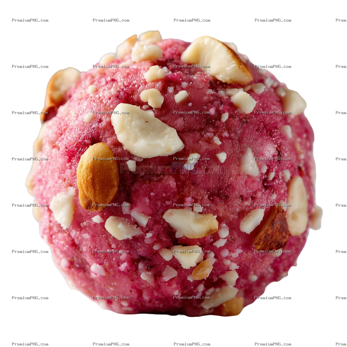 A vibrant pink protein ball, infused with raspberry and white chocolate flavor. The pink color comes