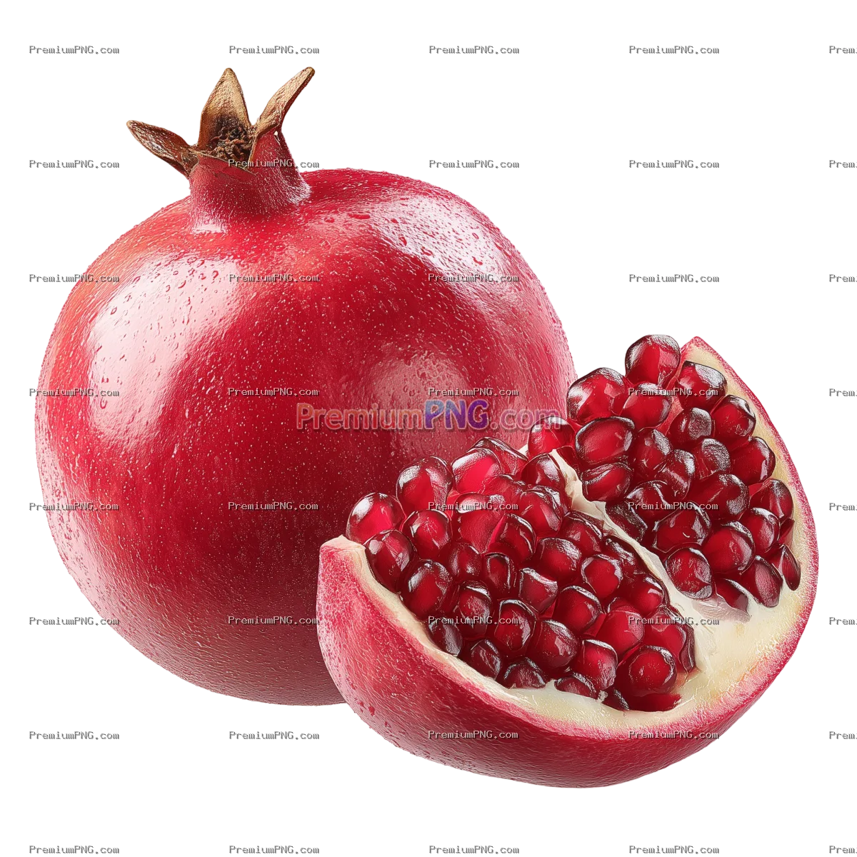 A whole pomegranate with a slice removed, photorealistic, rich red, isolated
