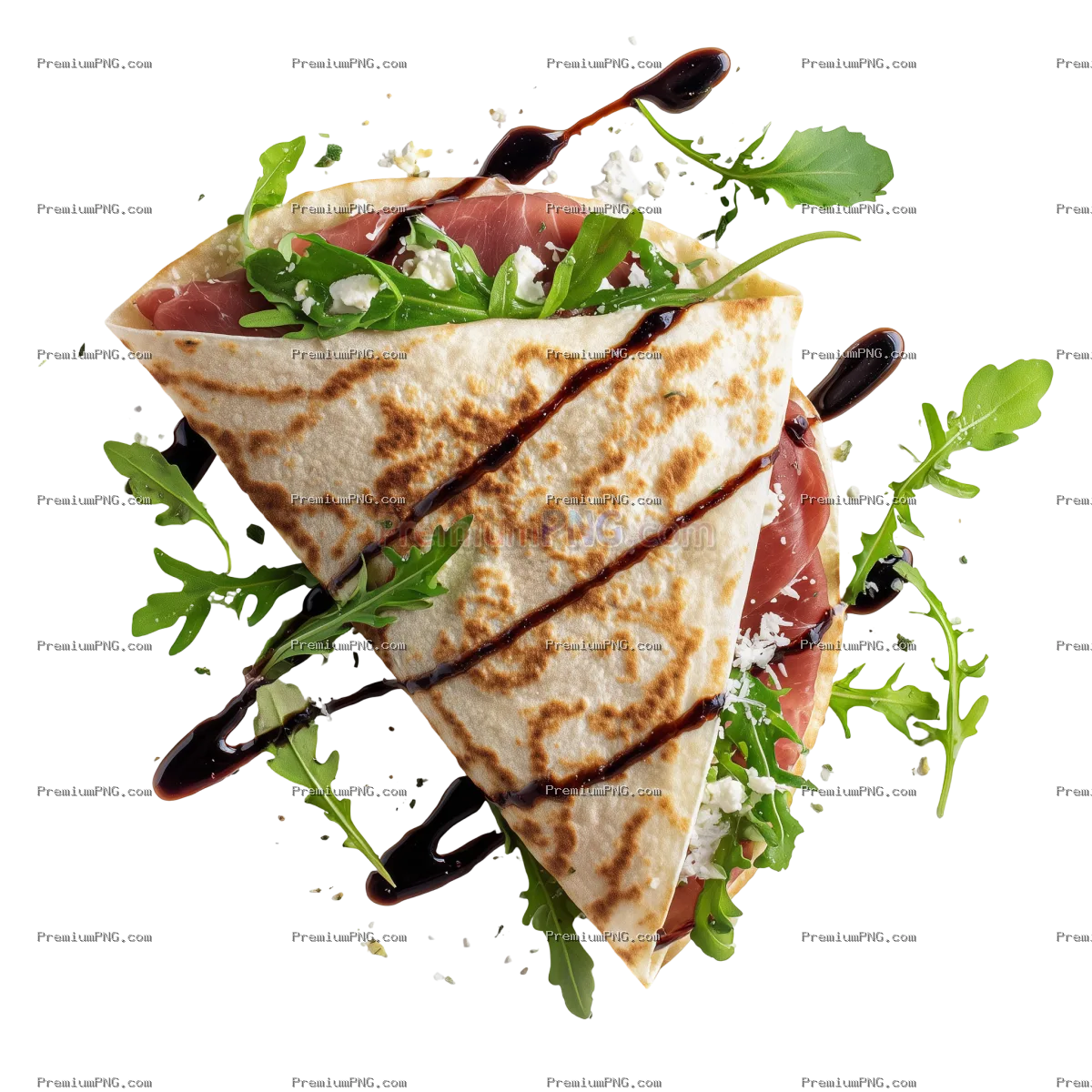 Advertising photo of a Piadina folded in half seen from above with bresaola, Parmigiano Reggiano cre
