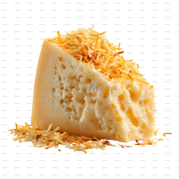 Aged cheese wedge with grated topping isolated on white background