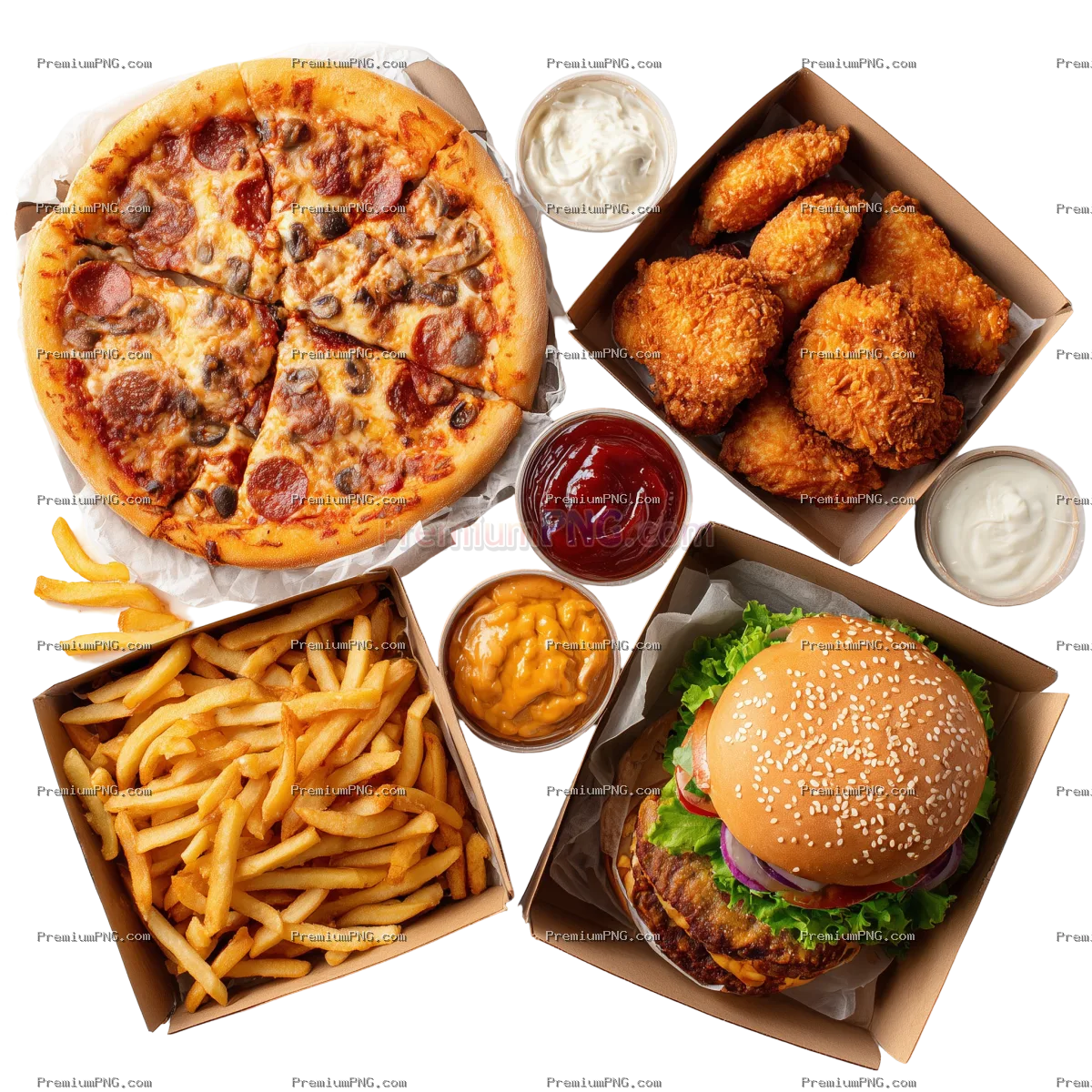 Assortment of take out or delivery foods. Pizza, hamburgers, fried chicken and sides