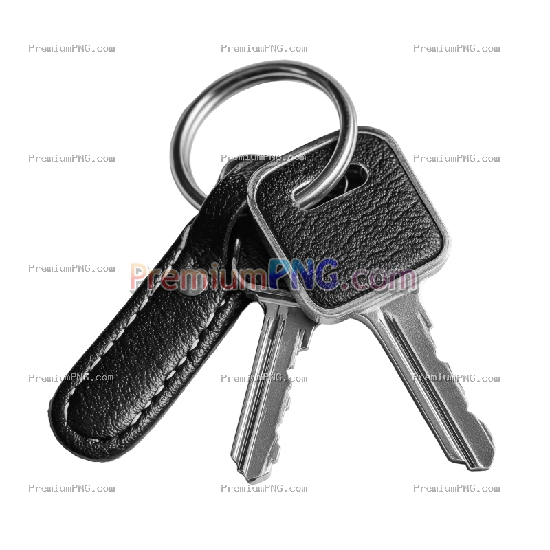 Black leather keyring with two keys isolated on transparent background
