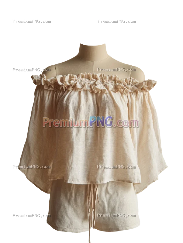 Boho Linen Off-Shoulder Top with Ruffled Neckline and Back Tie - Transparent PNG