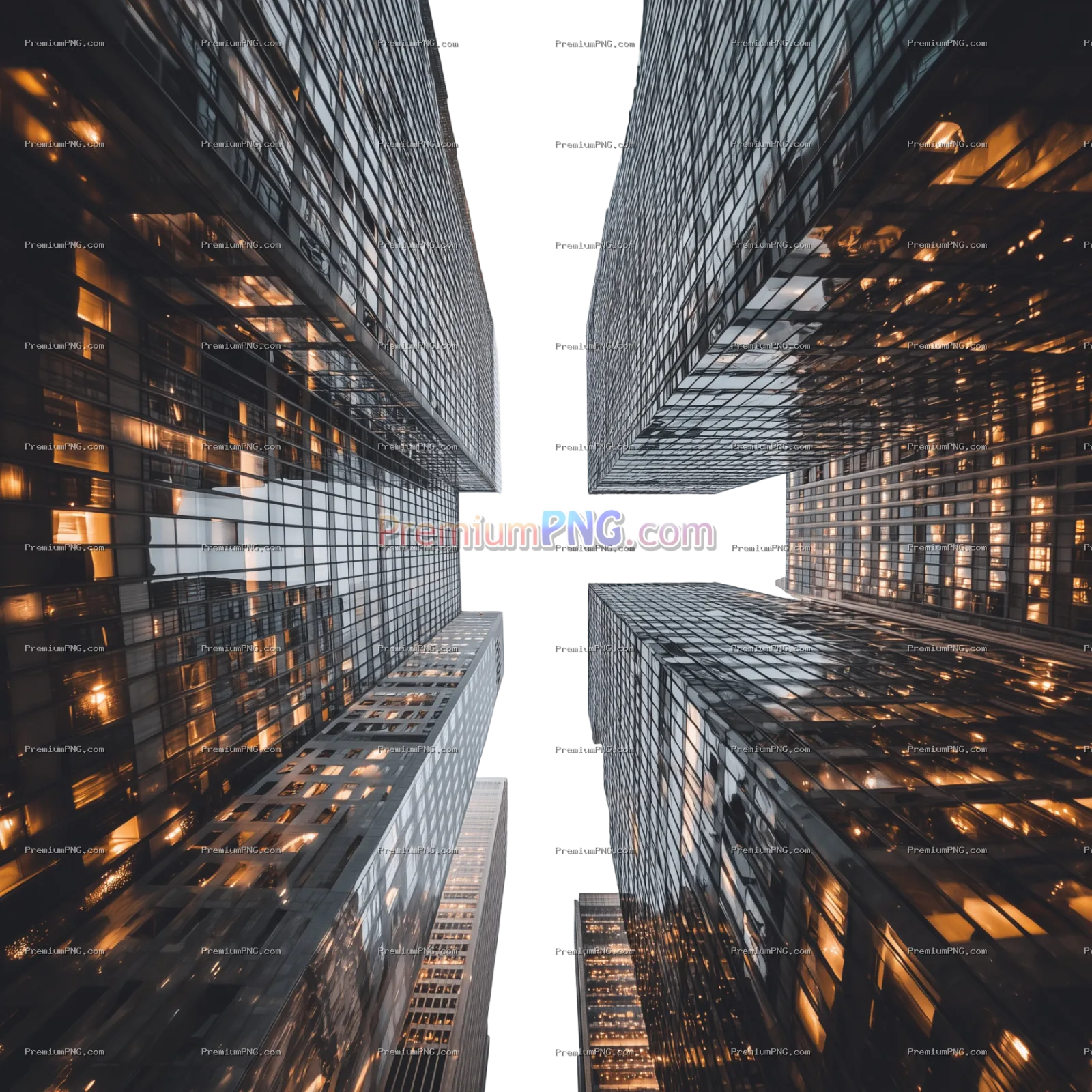 Brand image, real photo, tall buildings, looking up
