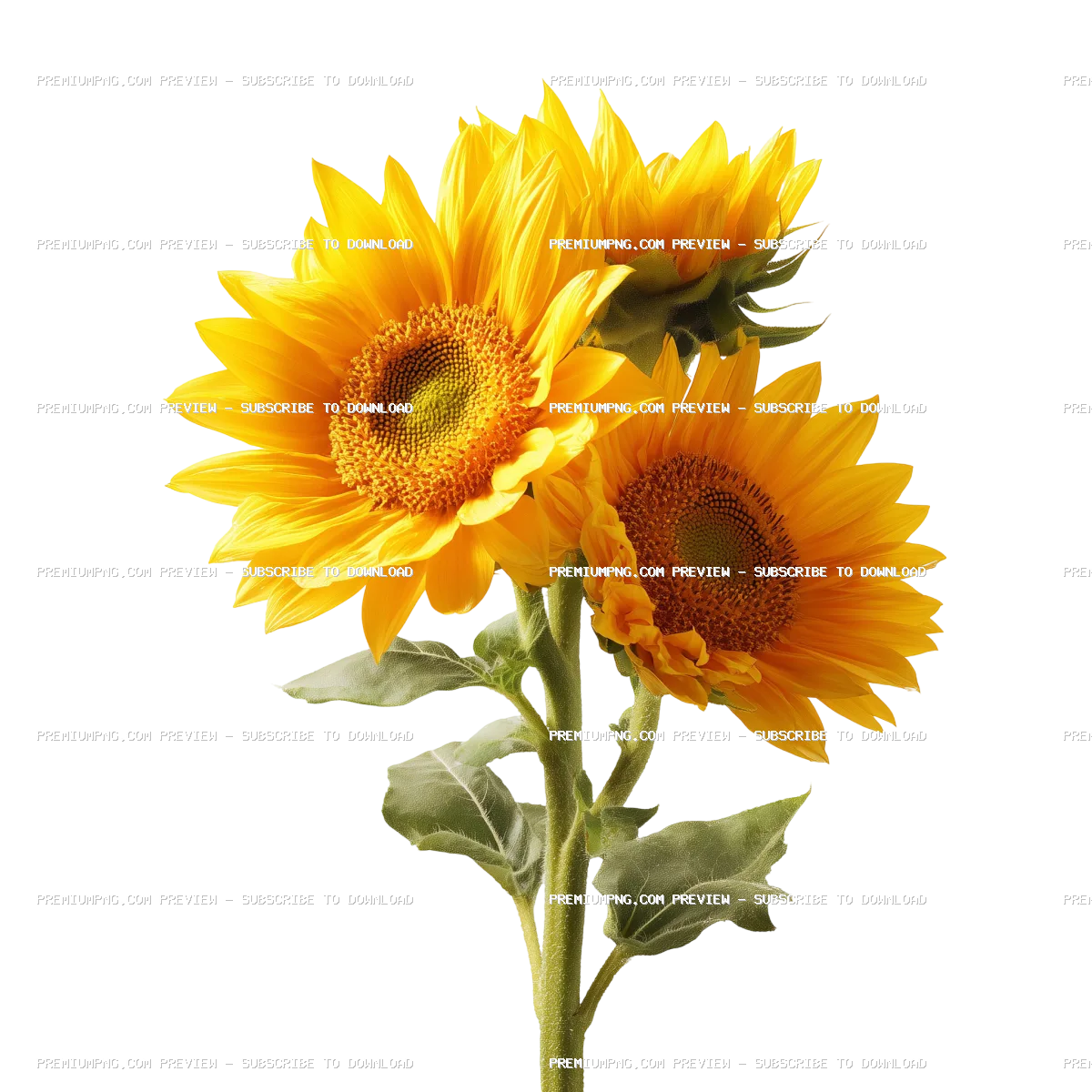 Bright yellow sunflowers in full bloom, cut out isolated