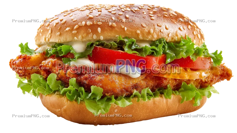 Chicken Sandwich with Lettuce, Tomato and Sauce Isolated on Transparent Background