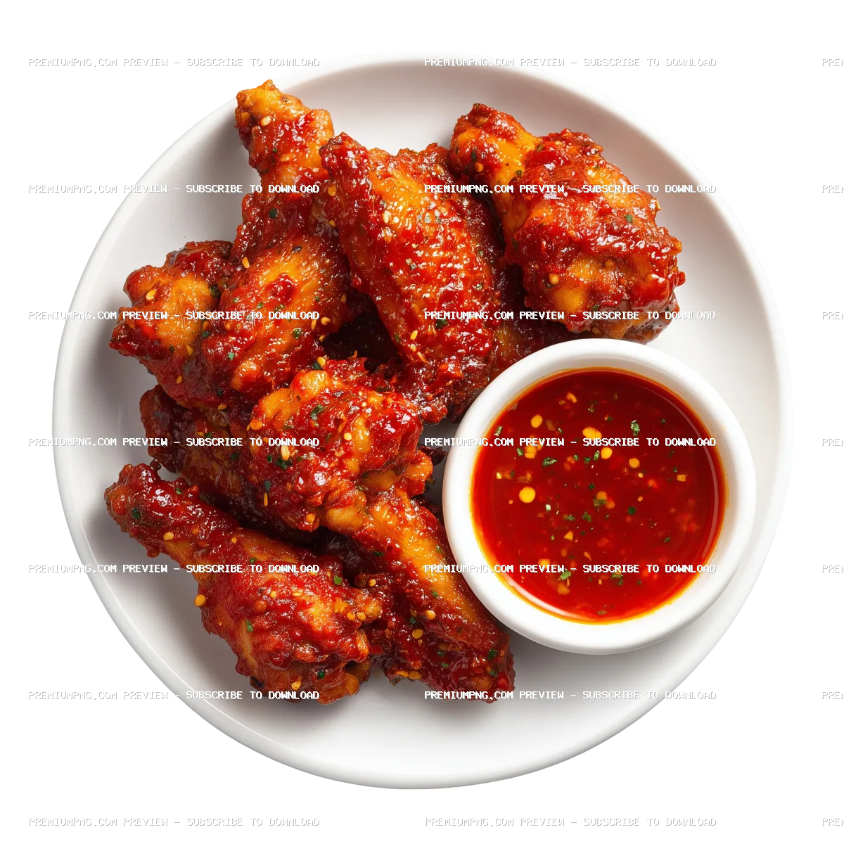 chicken wings, coated in vibrant red spicy sauce, round white plate, Top-down view