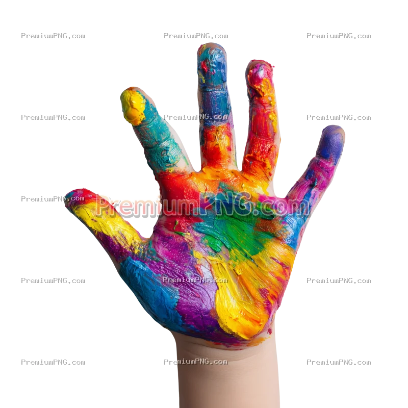 Child’s Hand Covered in Vibrant Multicolored Paint on Transparent Background