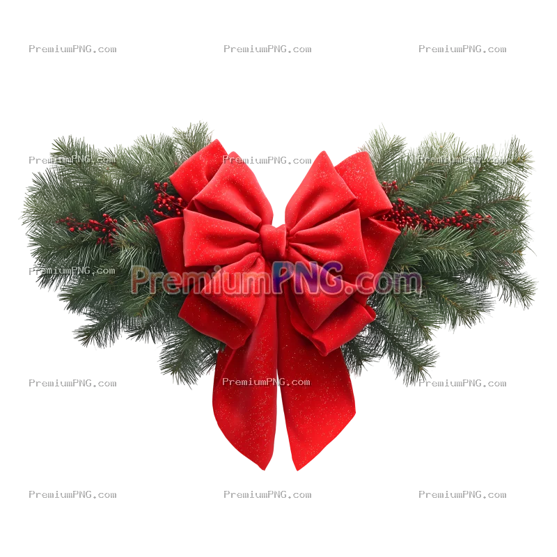 Christmas Garland with Large Red Bow Isolated on Transparent Background
