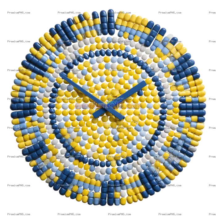 Clock made of blue and yellow pills on white background