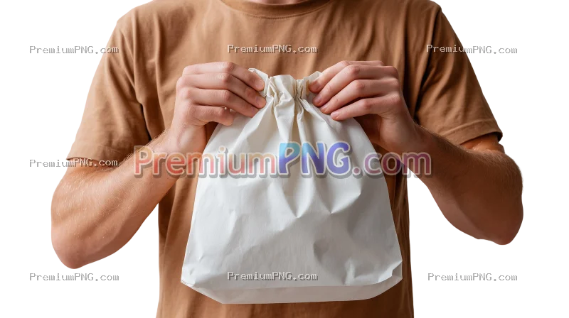 close-up of a person holding a plain white burger bag, no logos or labels, flat lighting, minimal