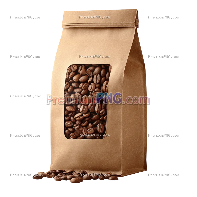 Coffee bean packaging isolated on white a brown paper bag with window displaying roasted coffee