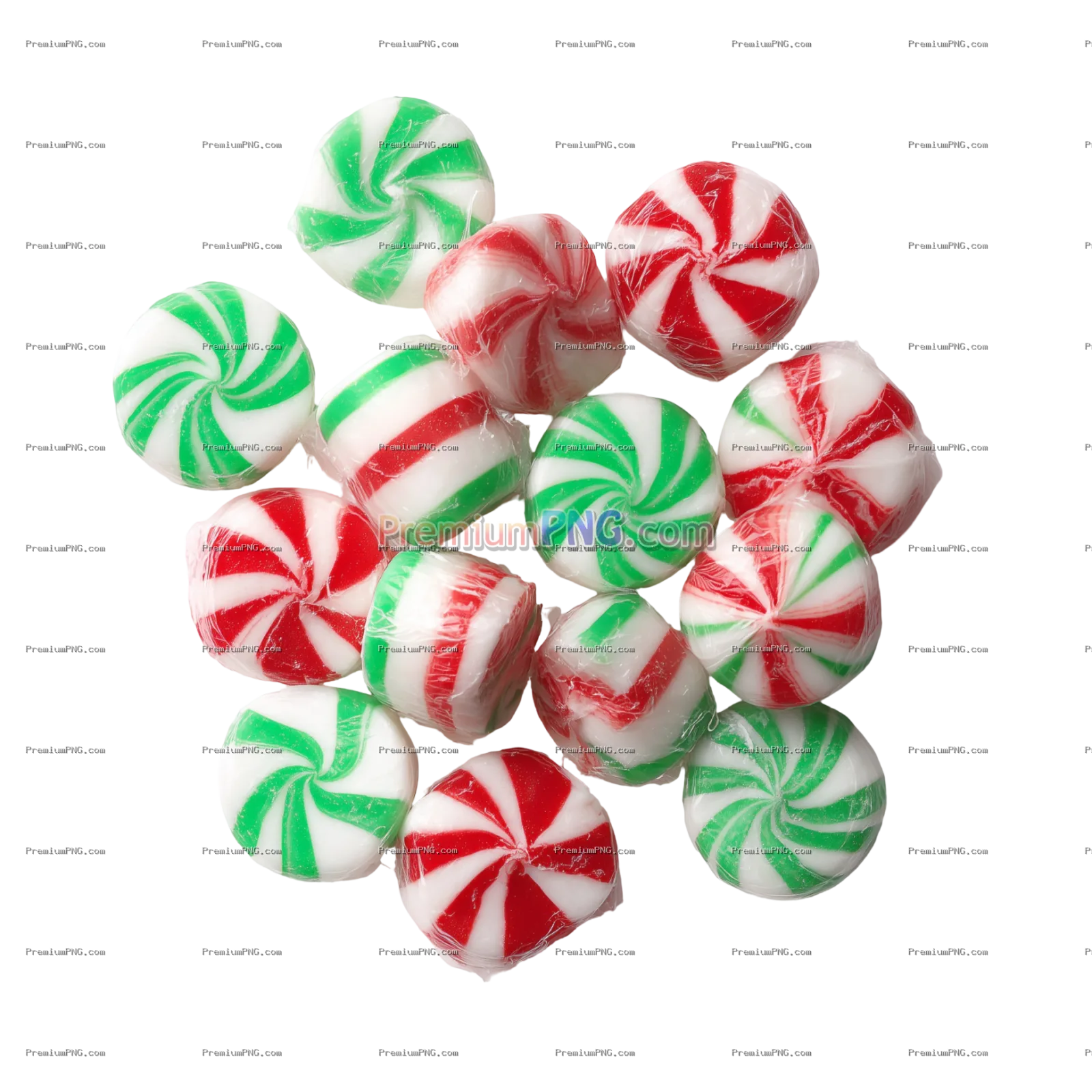 Colorful assorted peppermint candies on a transparent background