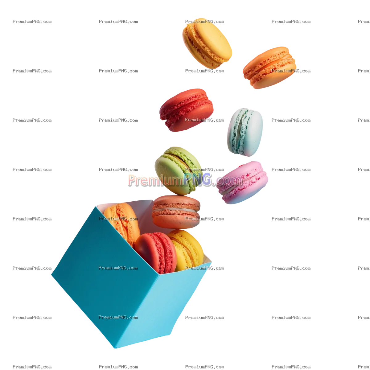 Colorful macaroons falling in paper box over transparent background