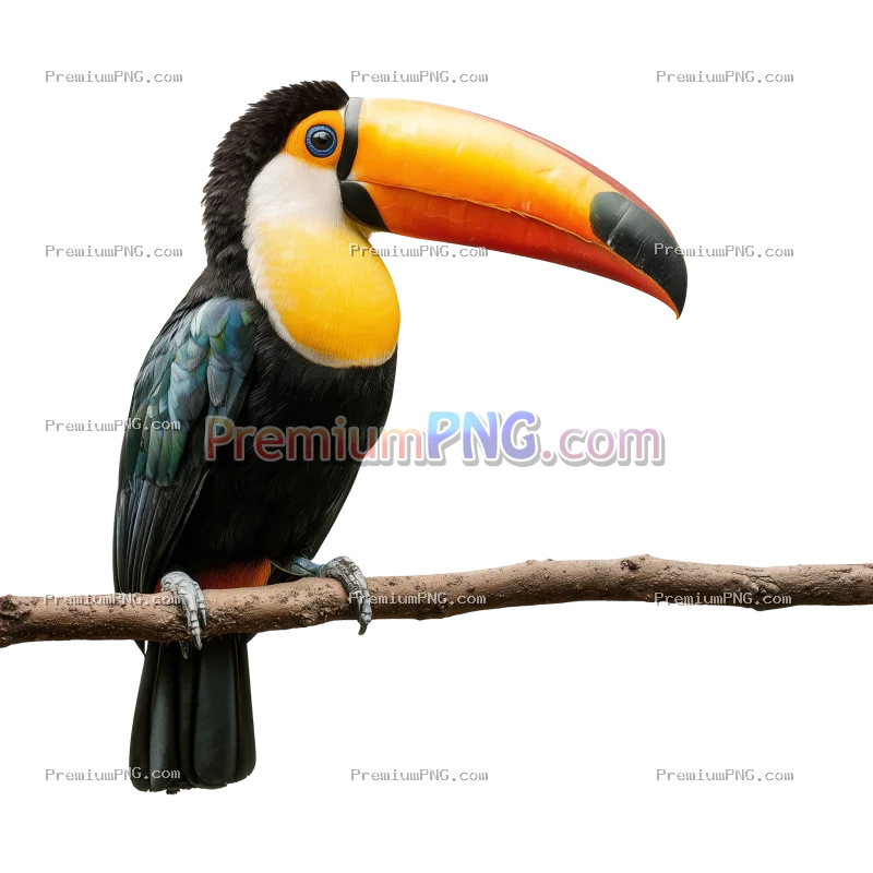 Colorful toucan perched on a branch showcasing its large vivid yellow-orange beak, isolated